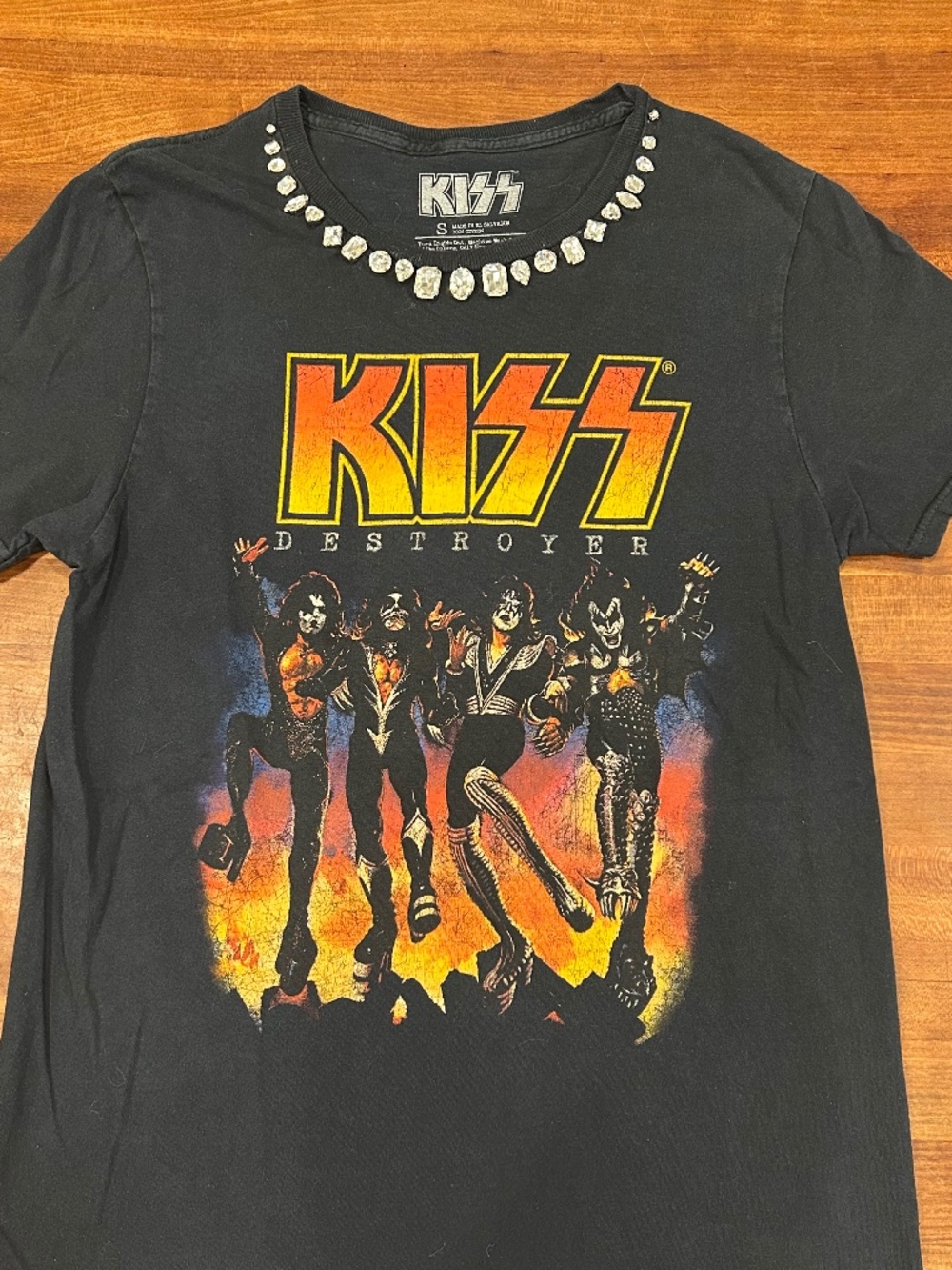 KISS rock band tee shirt with sewn on rhinestone embellishment